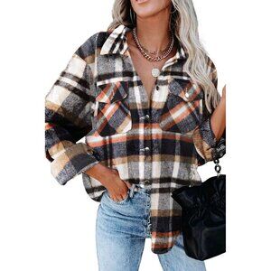 Women orange Collared V Neck Button Down Oversized Long Sleeve Shirt Top